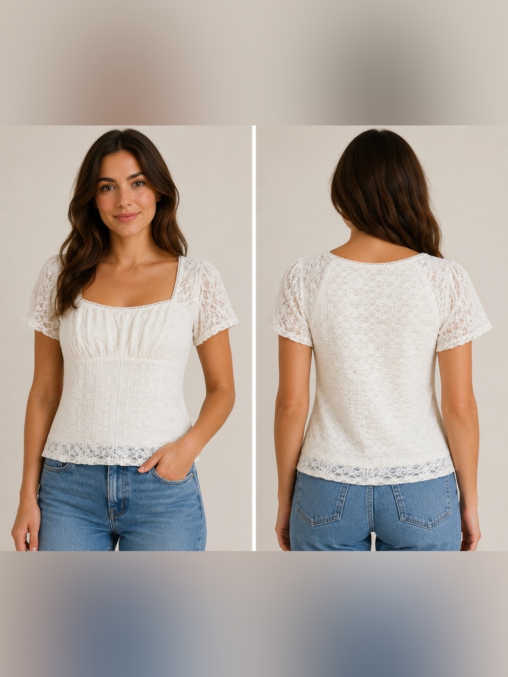 No Boundaries White Lace Square-Neck Puff Sleeve Top NWT